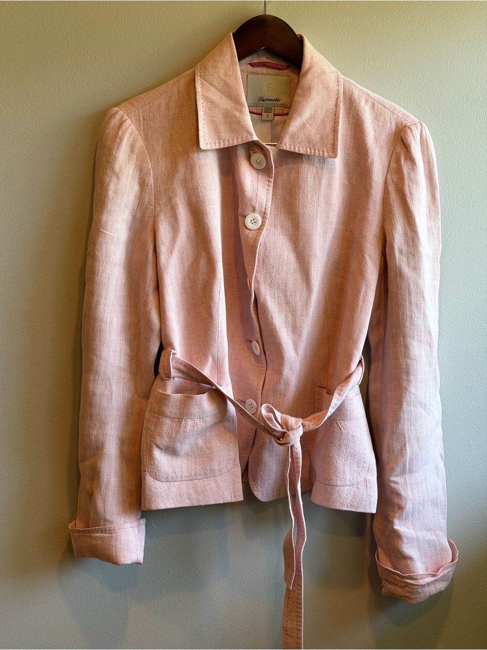 Fagonnable Womens 100% Linen Belted Blazer Fully Lined Pink Size Large